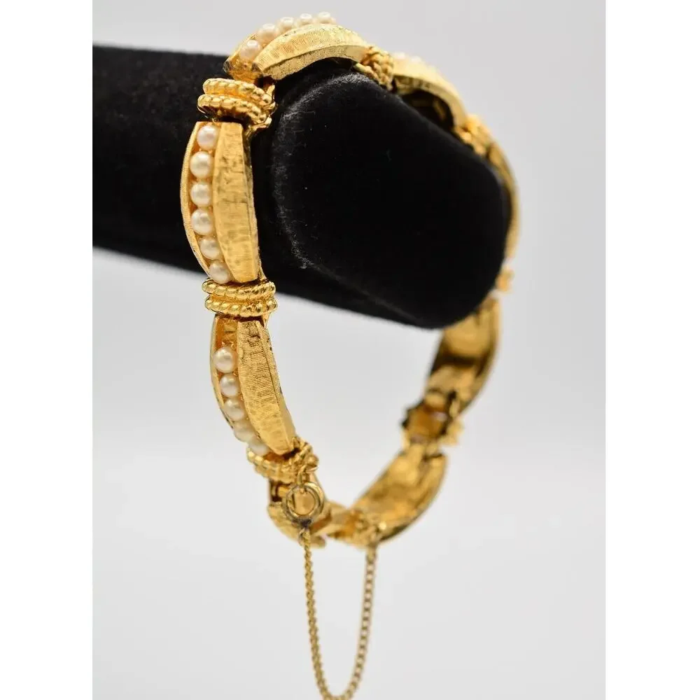 Vintage Linked Bracelet Brushed Gold Tone Pearl Inlay Chunky Heavy 1980s Bin5